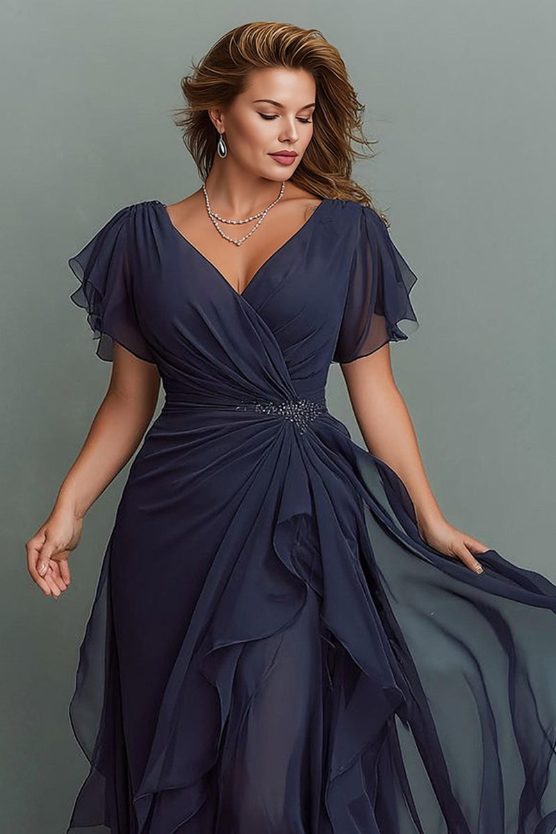 Load image into Gallery viewer, Navy Chiffon V-Neck Ruched Maxi Mother of the Bride Dress with Ruffles
