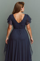 Load image into Gallery viewer, Navy Chiffon V-Neck Ruched Maxi Mother of the Bride Dress with Ruffles