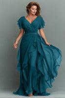 Load image into Gallery viewer, Navy Chiffon V-Neck Ruched Maxi Mother of the Bride Dress with Ruffles