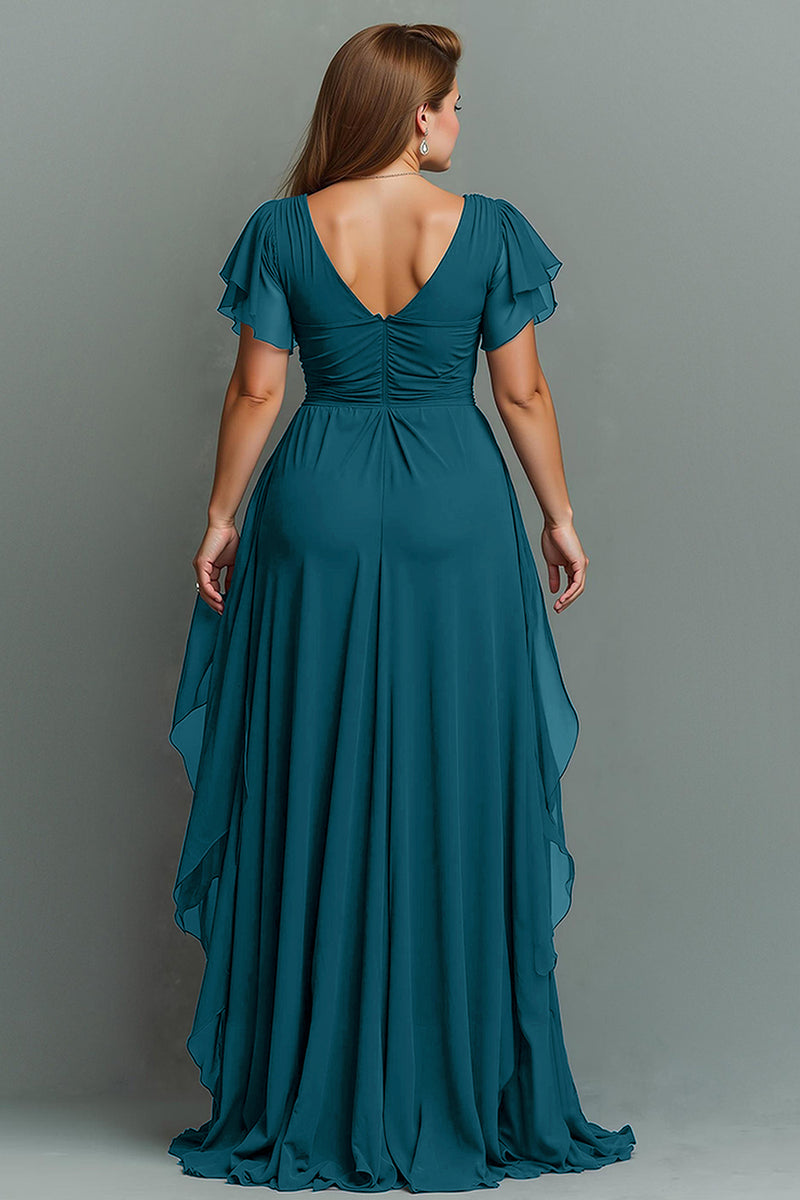 Load image into Gallery viewer, Navy Chiffon V-Neck Ruched Maxi Mother of the Bride Dress with Ruffles