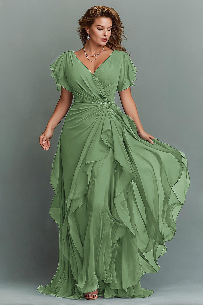 Load image into Gallery viewer, Navy Chiffon V-Neck Ruched Maxi Mother of the Bride Dress with Ruffles