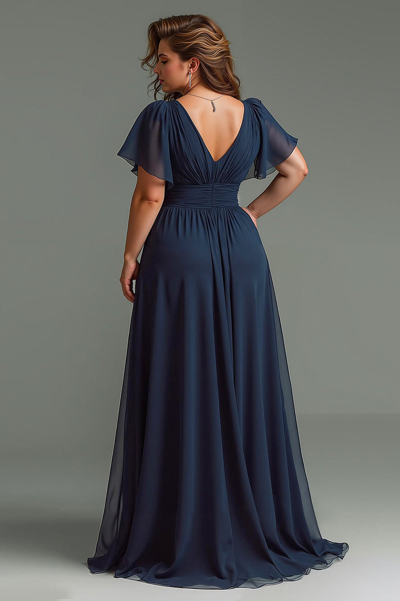 Load image into Gallery viewer, Navy Chiffon Short Sleeves V-Neck Long Mother of the Bride Dress