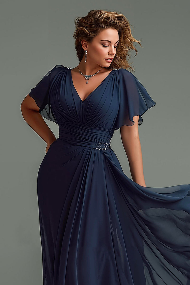Load image into Gallery viewer, Navy Chiffon Short Sleeves V-Neck Long Mother of the Bride Dress