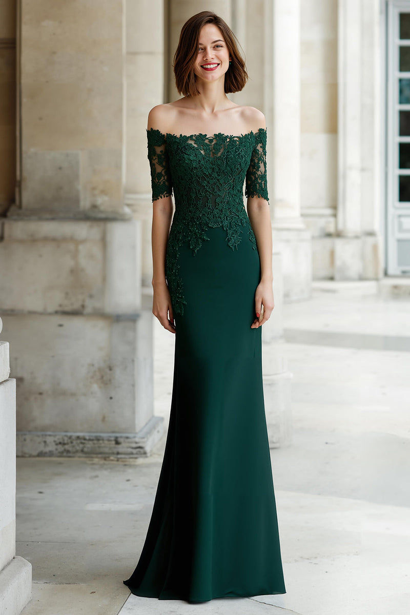 Load image into Gallery viewer, Pine Green Mermaid Off the Shoulder Long Mother of the Bride Dress with Appliques