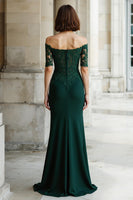 Load image into Gallery viewer, Pine Green Mermaid Off the Shoulder Long Mother of the Bride Dress with Appliques