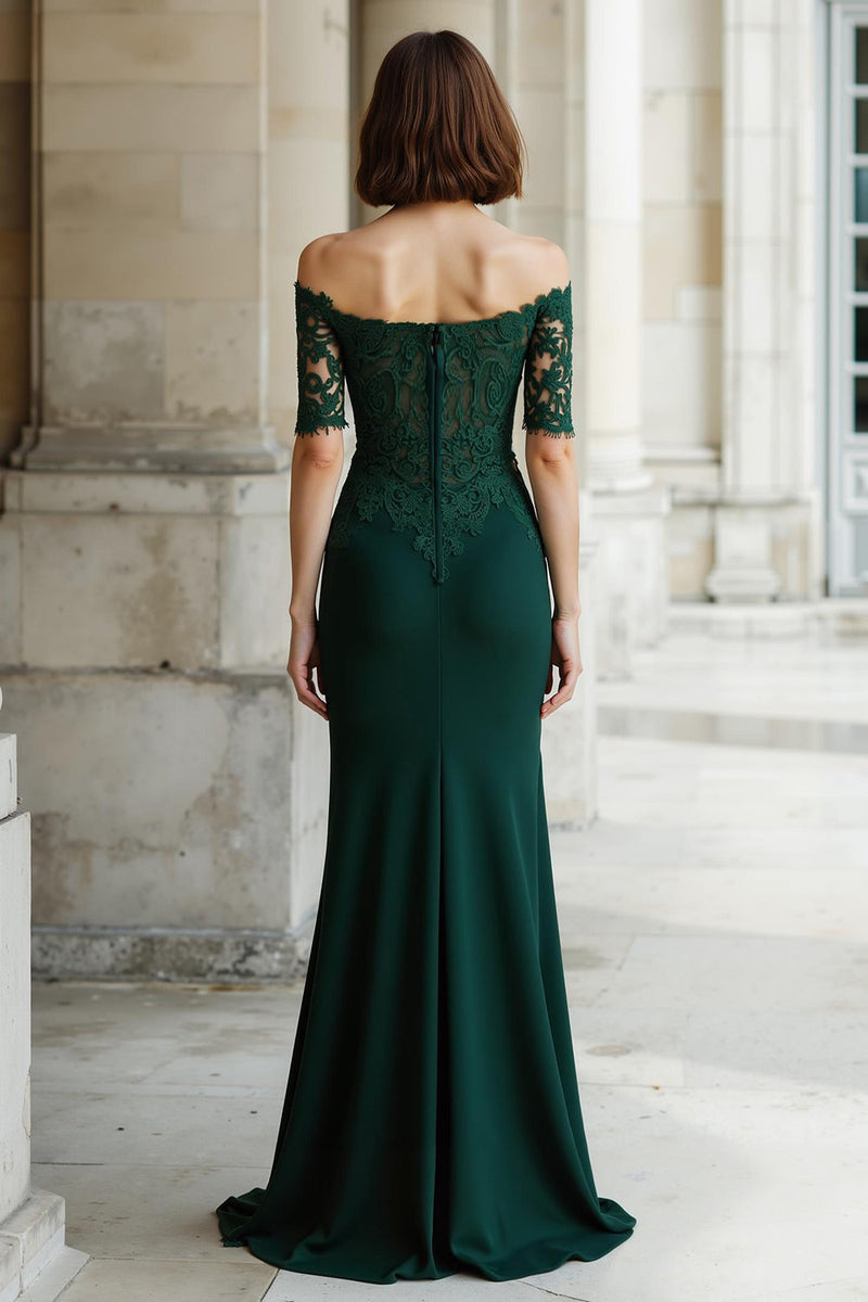 Load image into Gallery viewer, Pine Green Mermaid Off the Shoulder Long Mother of the Bride Dress with Appliques