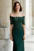 Load image into Gallery viewer, Pine Green Mermaid Off the Shoulder Long Mother of the Bride Dress with Appliques