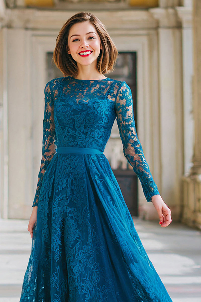Load image into Gallery viewer, Ink Blue Round Neck A-Line Lace Long Mother of the Bride Dress with Sleeves