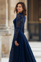 Load image into Gallery viewer, Navy A-Line High Neck Lace Long Mother of the Bride Dress with Sleeves