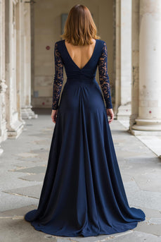 Navy Chiffon V-Neck A-Line Long Mother of the Bride Dress with Lace