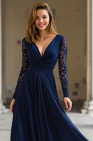 Load image into Gallery viewer, Navy Chiffon V-Neck A-Line Long Mother of the Bride Dress with Lace