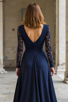 Load image into Gallery viewer, Navy Chiffon V-Neck A-Line Long Mother of the Bride Dress with Lace