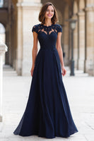 Load image into Gallery viewer, Navy Chiffon A-Line Maxi Round Neck Mother of the Bride Dress with Appliques