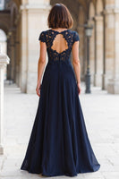 Load image into Gallery viewer, Navy Chiffon A-Line Maxi Round Neck Mother of the Bride Dress with Appliques