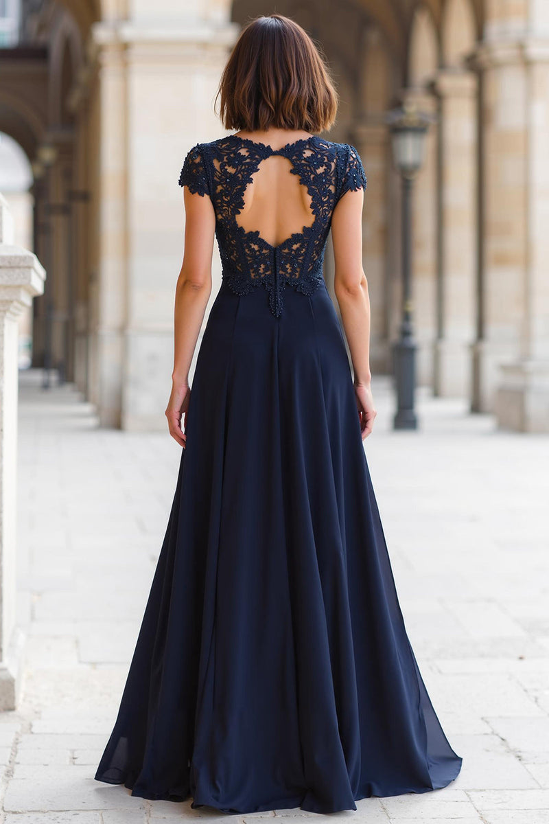 Load image into Gallery viewer, Navy Chiffon A-Line Maxi Round Neck Mother of the Bride Dress with Appliques