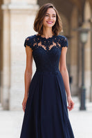 Load image into Gallery viewer, Navy Chiffon A-Line Maxi Round Neck Mother of the Bride Dress with Appliques