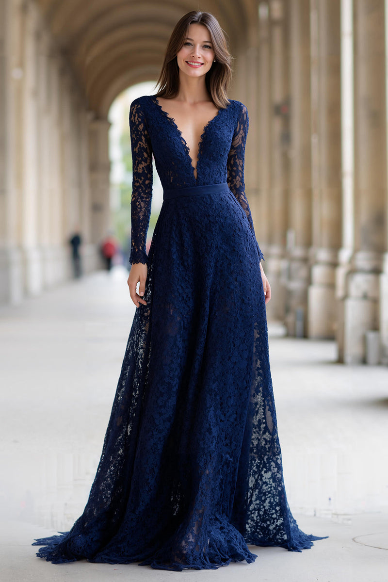 Load image into Gallery viewer, Navy A-Line V-Neck Long Sleeves Lace Long Mother of the Bride Dress