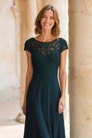 Load image into Gallery viewer, Peacock Green Chiffon Round Neck A-Line Long Mother of the Bride Dress