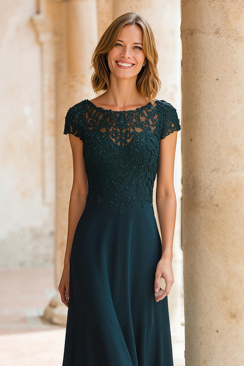 Load image into Gallery viewer, Peacock Green Chiffon Round Neck A-Line Long Mother of the Bride Dress