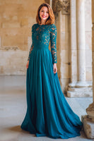 Load image into Gallery viewer, Peacock Blue Chiffon A-Line Round Neck Long Mother of the Bride Dress with Lace