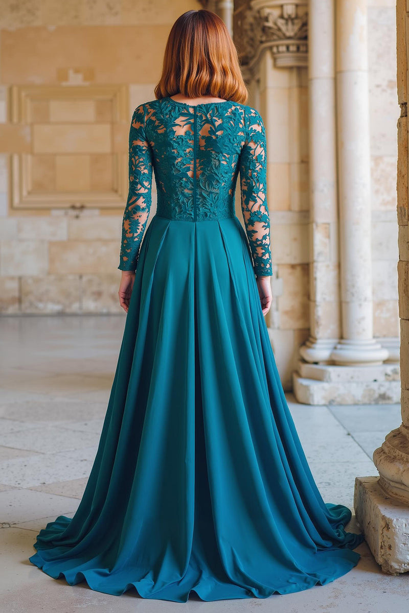 Load image into Gallery viewer, Peacock Blue Chiffon A-Line Round Neck Long Mother of the Bride Dress with Lace