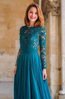 Load image into Gallery viewer, Peacock Blue Chiffon A-Line Round Neck Long Mother of the Bride Dress with Lace