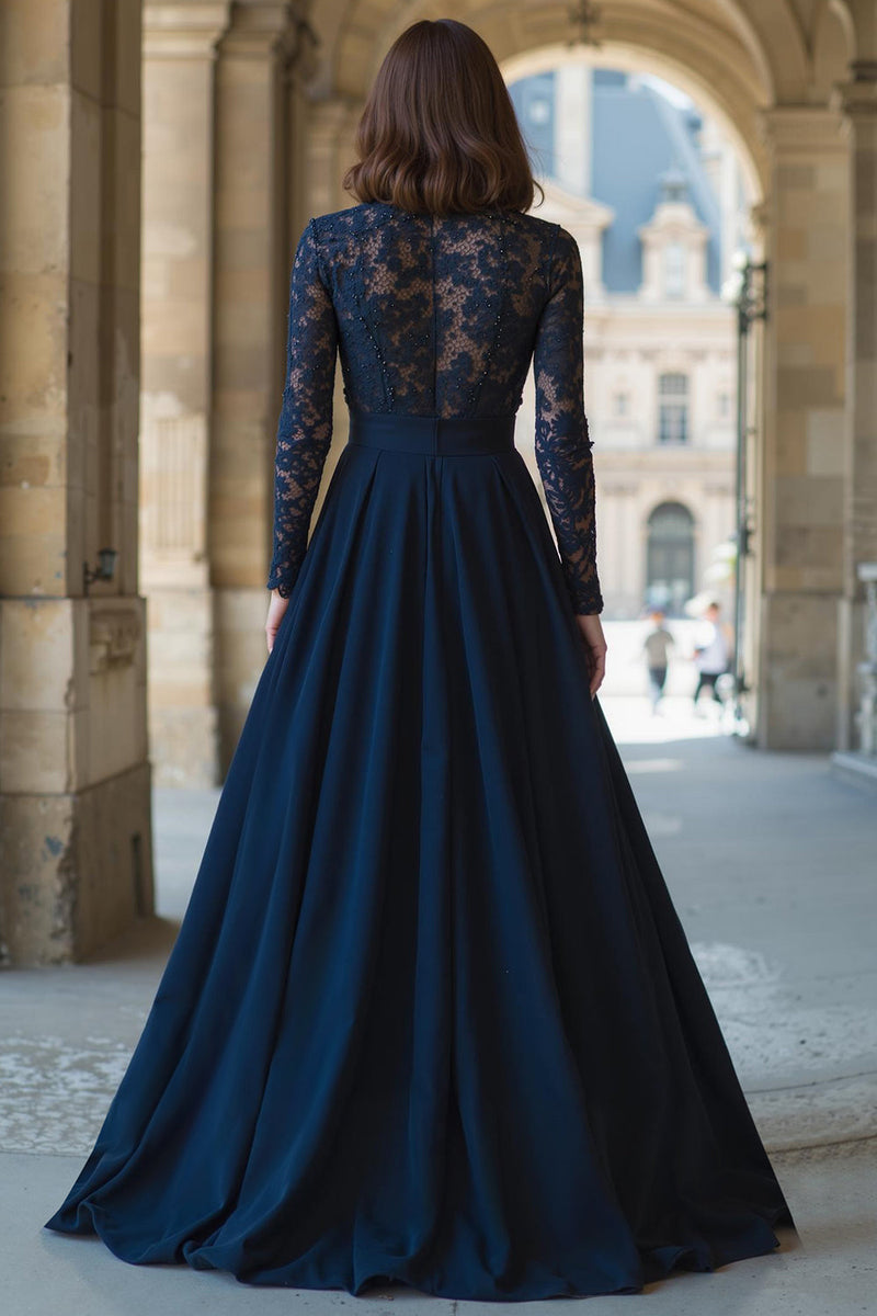 Load image into Gallery viewer, Navy Chiffon High Neck Long Sleeves A-Line Long Mother of the Bride Dress with Lace