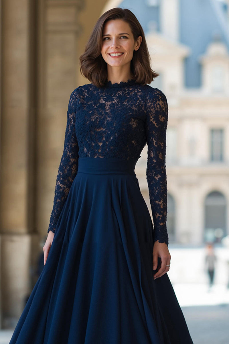 Load image into Gallery viewer, Navy Chiffon High Neck Long Sleeves A-Line Long Mother of the Bride Dress with Lace