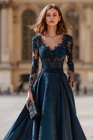 Load image into Gallery viewer, Navy A-Line V-Neck Long Sleeves Maxi Mother of the Bride Dress with Lace