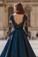 Load image into Gallery viewer, Navy A-Line V-Neck Long Sleeves Maxi Mother of the Bride Dress with Lace