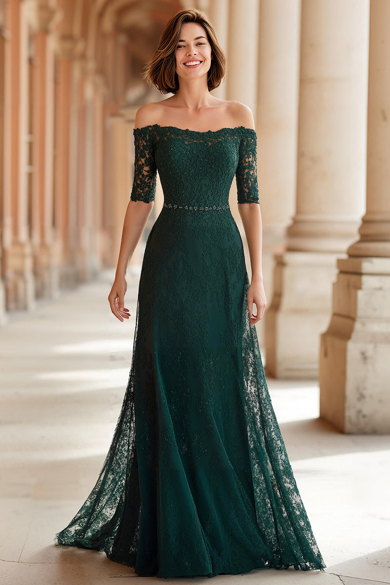 Load image into Gallery viewer, Dark Green A-Line Lace Off the Shoulder Long Mother of the Bride Dress with Sleeves