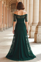 Load image into Gallery viewer, Dark Green A-Line Lace Off the Shoulder Long Mother of the Bride Dress with Sleeves