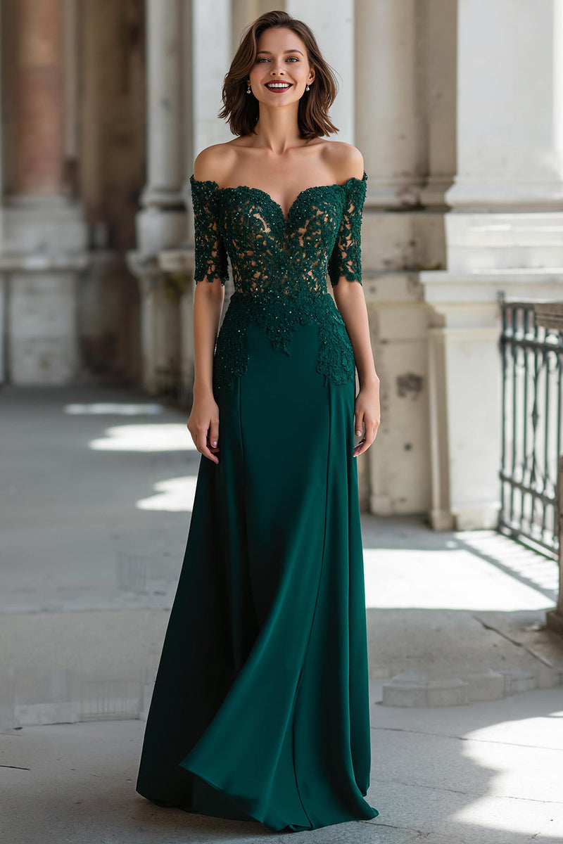 Load image into Gallery viewer, Dark Green Chiffon Off the Shoulder Sheath Long Mother of the Bride Dress with Lace