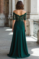 Load image into Gallery viewer, Dark Green Chiffon Off the Shoulder Sheath Long Mother of the Bride Dress with Lace