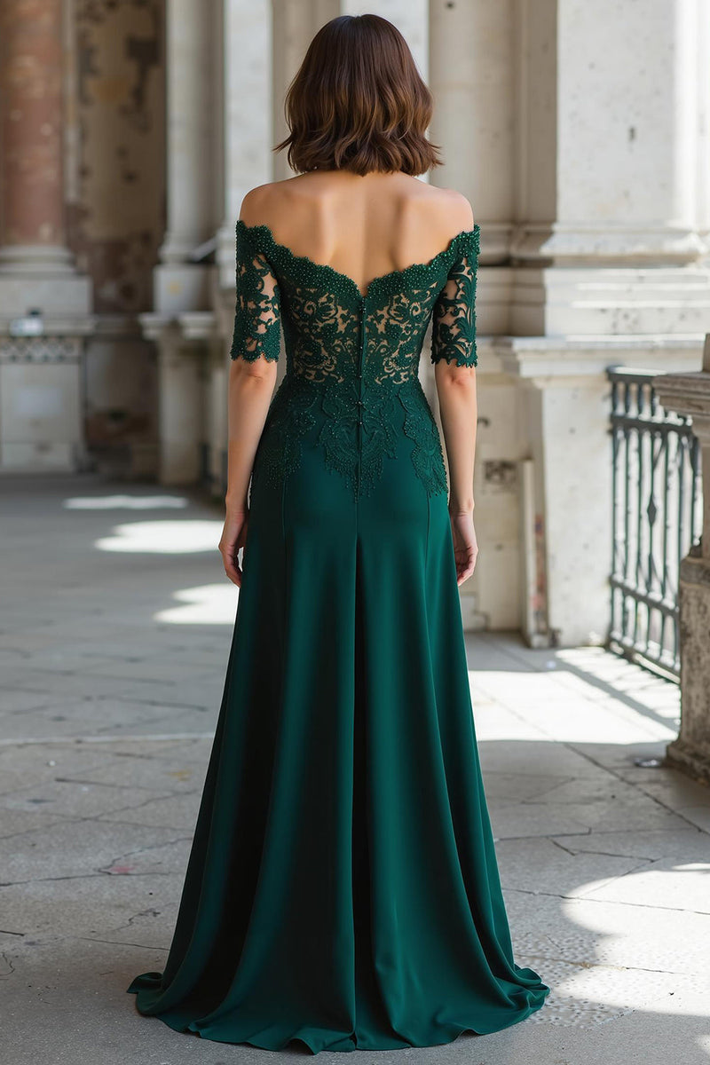 Load image into Gallery viewer, Dark Green Chiffon Off the Shoulder Sheath Long Mother of the Bride Dress with Lace