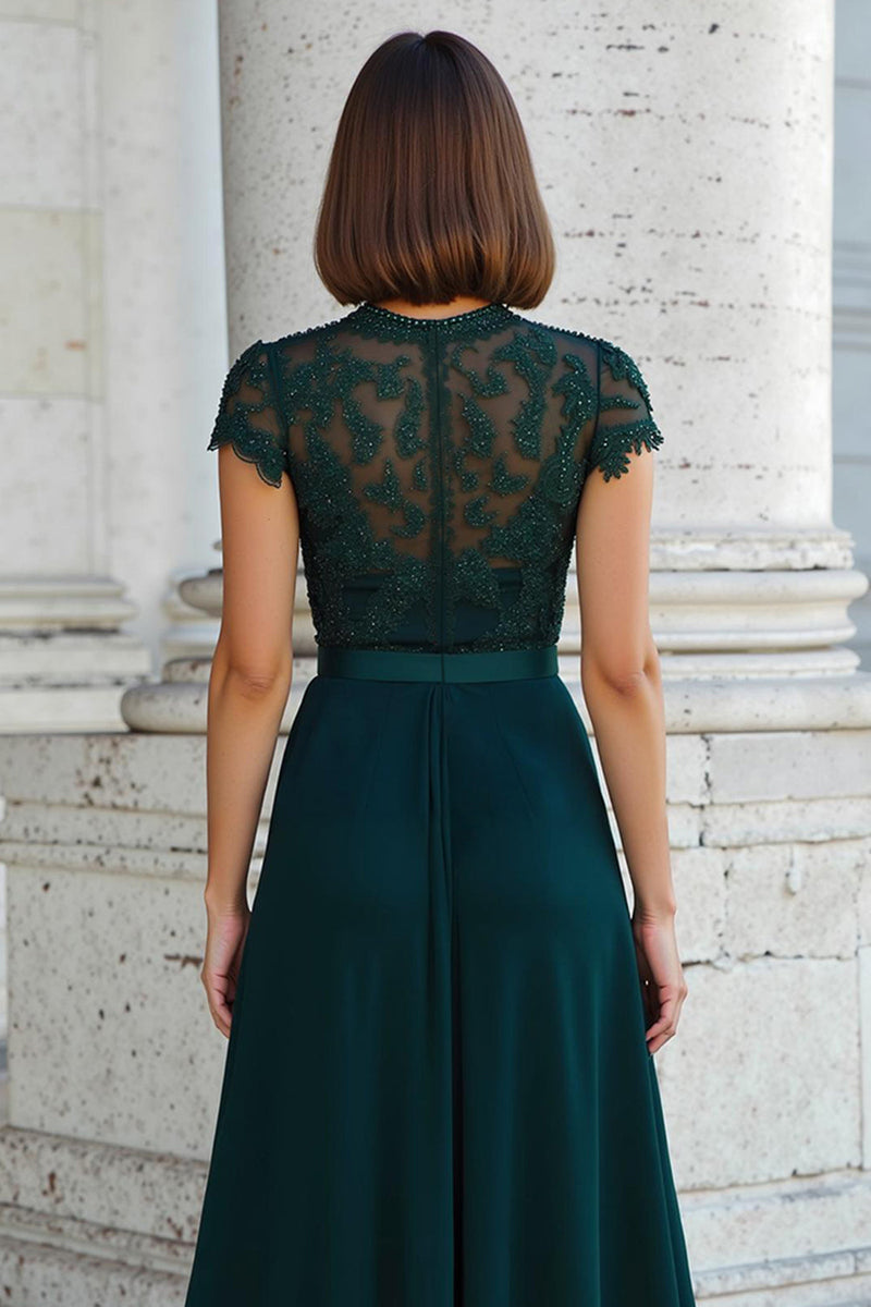 Load image into Gallery viewer, Peacock Green Chiffon Round Neck A-Line Long Mother of the Bride Dress with Beading