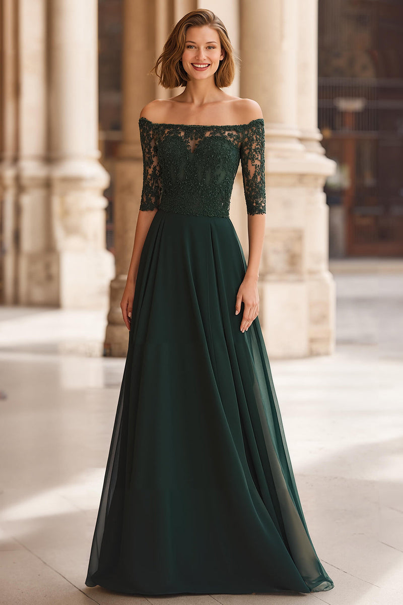 Load image into Gallery viewer, Pine Green Chiffon Off the Shoulder A-Line Long Mother of the Bride Dress with Lace