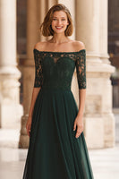 Load image into Gallery viewer, Pine Green Chiffon Off the Shoulder A-Line Long Mother of the Bride Dress with Lace