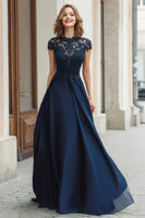 Load image into Gallery viewer, Navy Chiffon Round Neck A-Line Long Mother of the Bride Dress with Lace