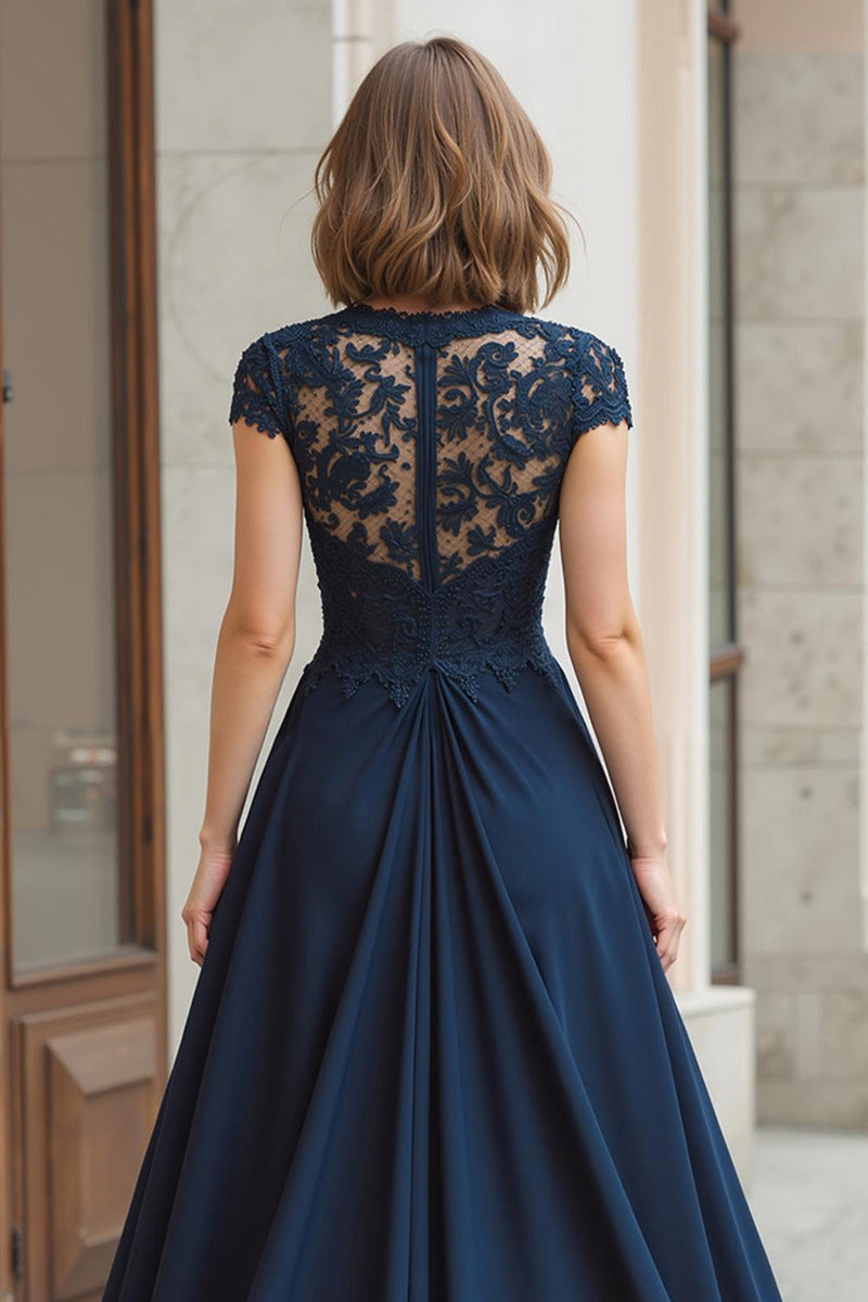 Load image into Gallery viewer, Navy Chiffon Round Neck A-Line Long Mother of the Bride Dress with Lace