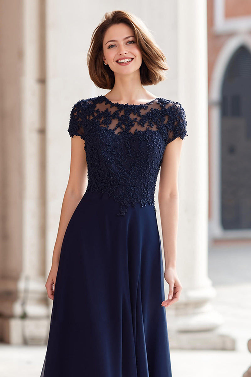 Load image into Gallery viewer, Navy Chiffon Round Neck A-Line Long Mother of the Bride Dress with Appliques