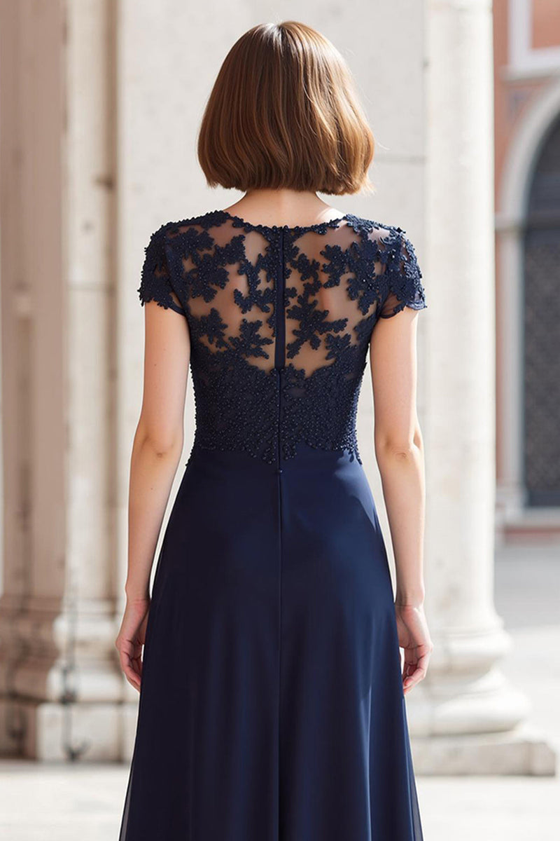 Load image into Gallery viewer, Navy Chiffon Round Neck A-Line Long Mother of the Bride Dress with Appliques