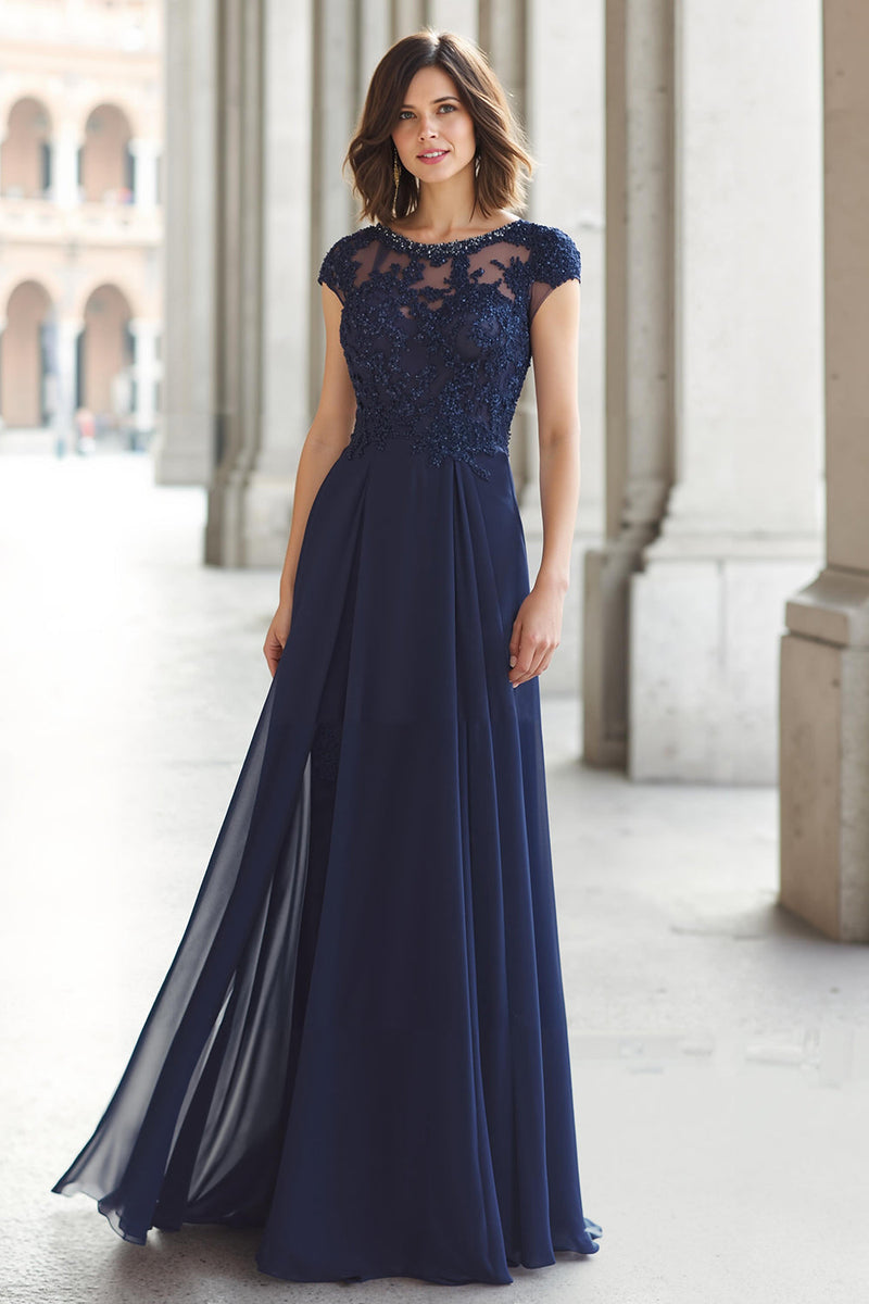 Load image into Gallery viewer, Navy Chiffon Boat Neck A-Line Long Mother of the Bride Dress with Appliques
