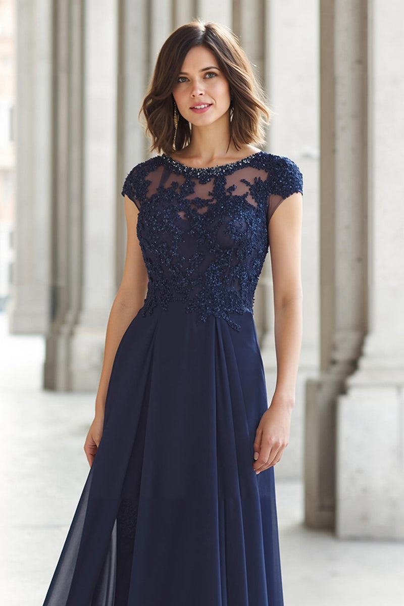 Load image into Gallery viewer, Navy Chiffon Boat Neck A-Line Long Mother of the Bride Dress with Appliques