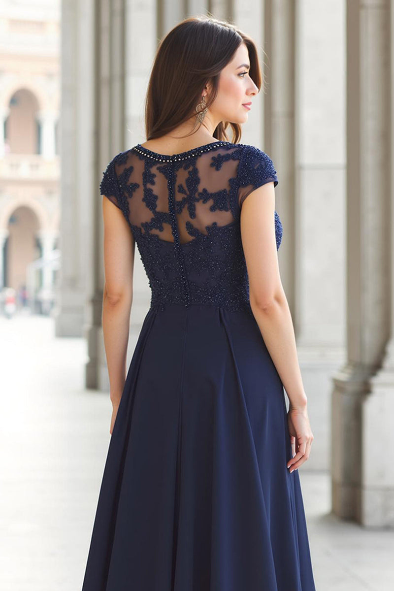 Load image into Gallery viewer, Navy Chiffon Boat Neck A-Line Long Mother of the Bride Dress with Appliques
