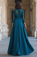Load image into Gallery viewer, Peacock Blue Chiffon High Neck A-Line Long Mother of the Bride Dress with Lace