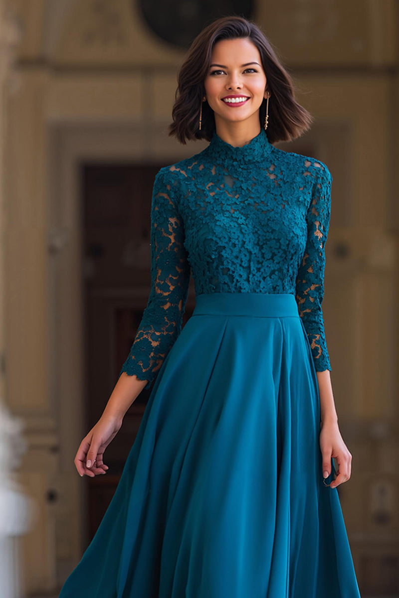 Load image into Gallery viewer, Peacock Blue Chiffon High Neck A-Line Long Mother of the Bride Dress with Lace