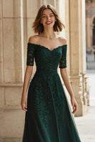 Load image into Gallery viewer, Pine Green Chiffon Off the Shoulder A-Line Long Mother of the Bride Dress with Beading