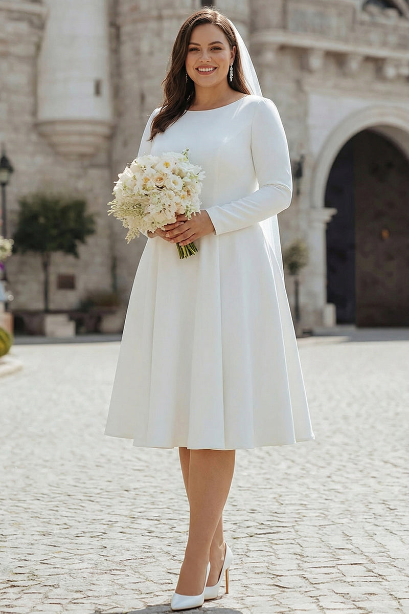 plus size white dress bridal shower Queendancer Women Plus Size Satin Ivory Short Wedding Dress A Line Round  Neck Long Sleeves Bridal Shower Dress – queendanceruk