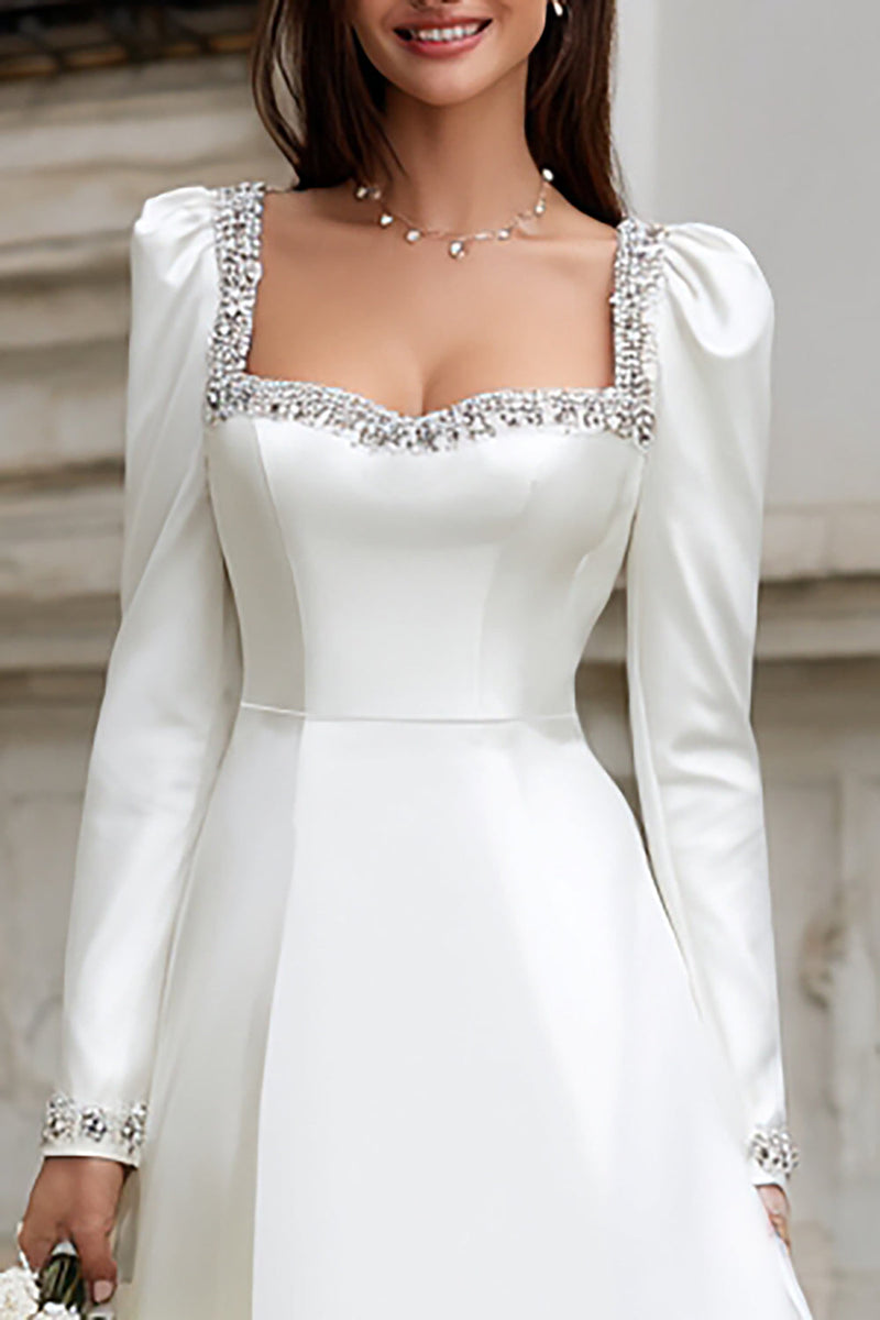 Load image into Gallery viewer, Sparkly Ivory Satin A Line Short Wedding Dress with Sleeves